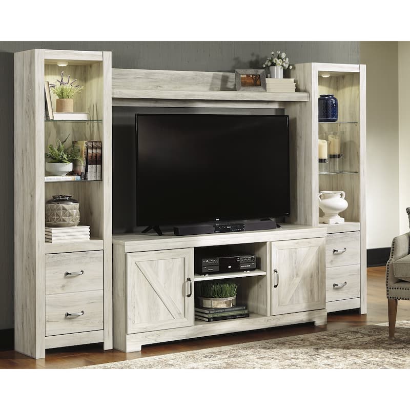 Signature Design by Ashley Bellaby Whitewash 4-Piece Entertainment Center - 103.5"W x 19.5"D x 72.25"H - 103.5"W x 19.5"D x 72.25"H - Whitewash