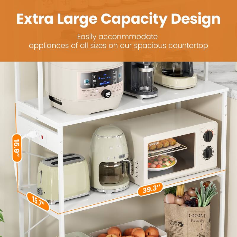 Large 5-Tier Bakers Rack with Electrical Outlets, 39 Inch Microwave Stand & Coffee Bar, Kitchen Storage Shelf for Home