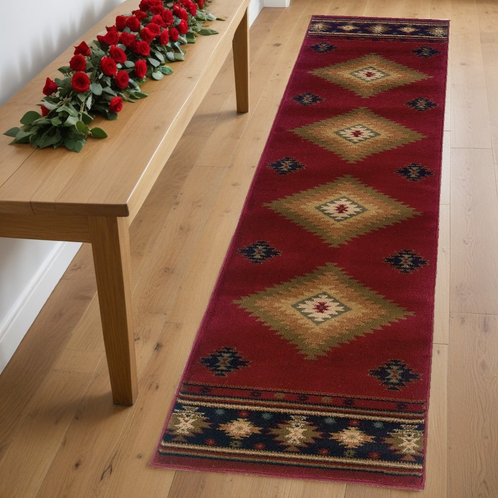 HomeRoots 2' X 8' Red And Beige Ikat Pattern Runner Rug