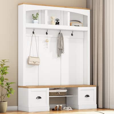 4-in-1 Hall Tree with Bench, Home Coat Rack with Hooks and Shell Handles, Storage Bench with Adjustable Shelve