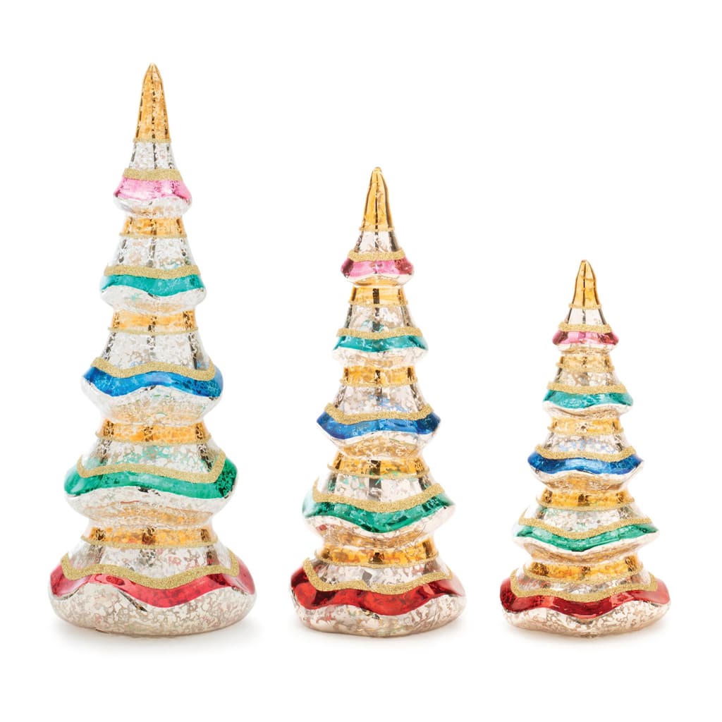 Glass Pine Tree Set of 3 with Mercury Finish and Glitter - 4.25” x 4.25” x 11.5” (L x W x H)