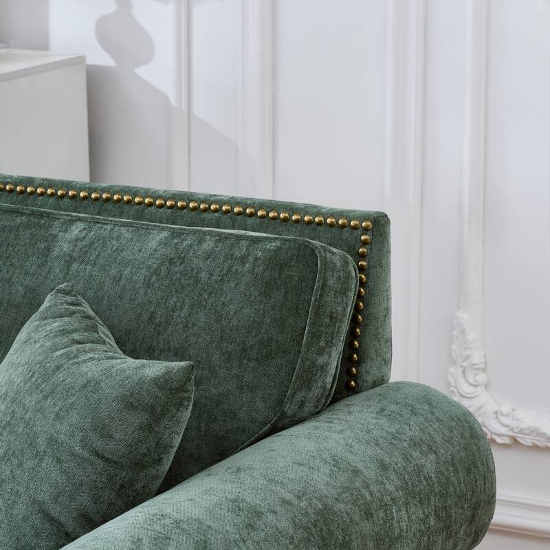 Modern Rolled Arm Chenille Sofa, 2-Seater Green Couch with Nailhead Trim, for Living and Room Apartment
