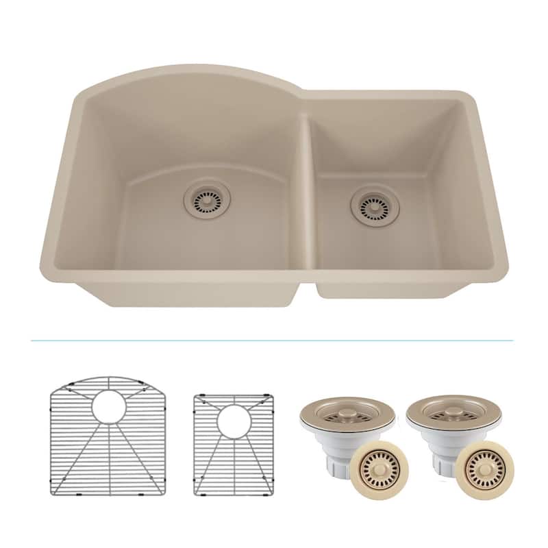 Lexicon Platinum Quartz 32 Inch 70/30 Double Bowl Kitchen Sink with Bottom Grids and Strainers and Disposal Flange - Galaxy Beige