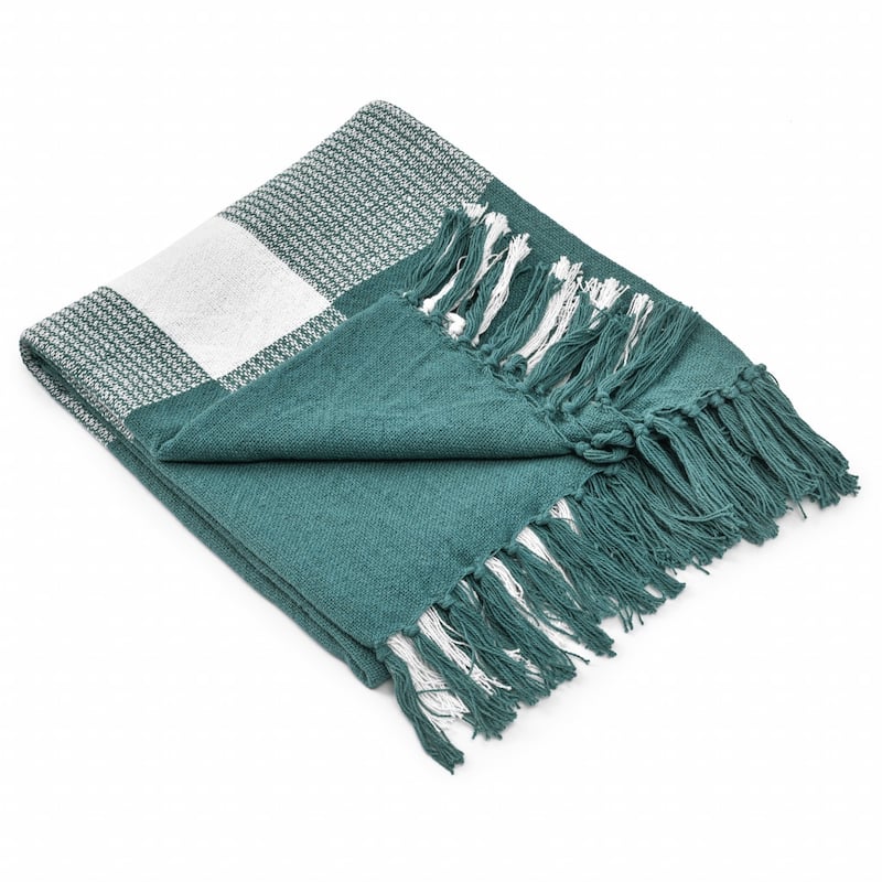 50" X 60" Green Woven Cotton Checkered Throw Blanket with Fringe