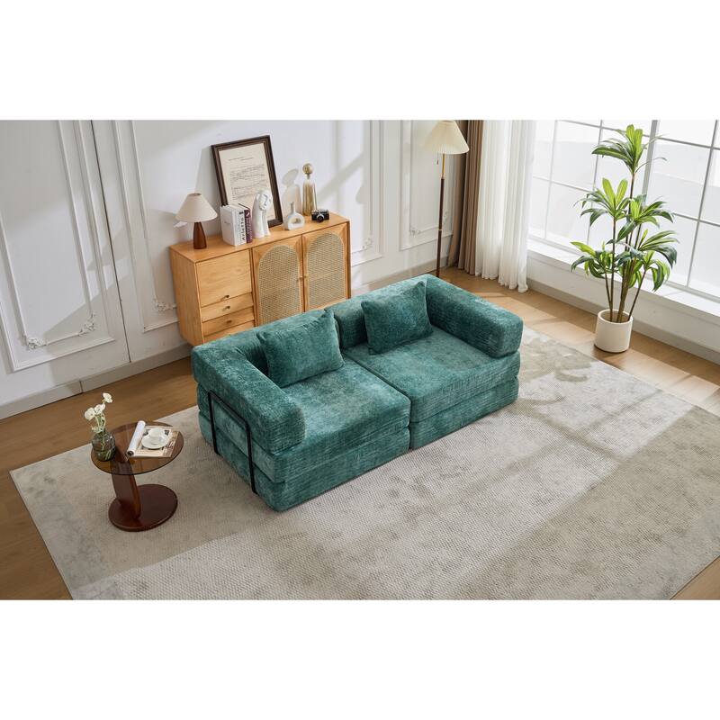 2-in-1 Foldable Sofa Bed Floor Sofa Couch with Armrests, Convertible Lounge Sofa for Living Room Bedroom - Dark Green