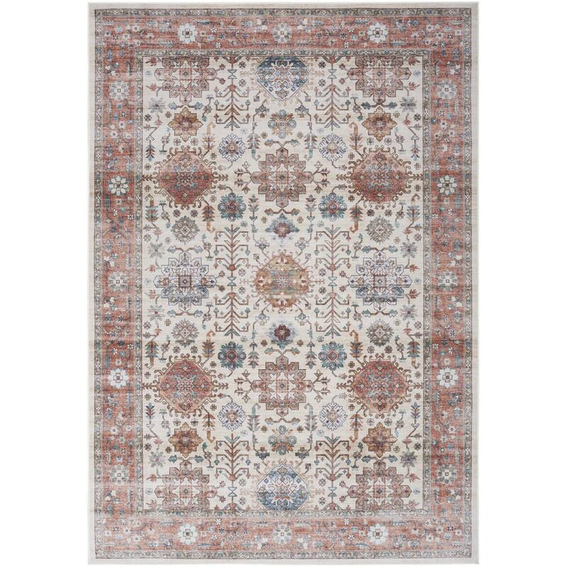 Power Loomed Distressed Floral Traditional Non Skid Stain Resistant Low Pile Area Rug - 118' X '94' X '0.25