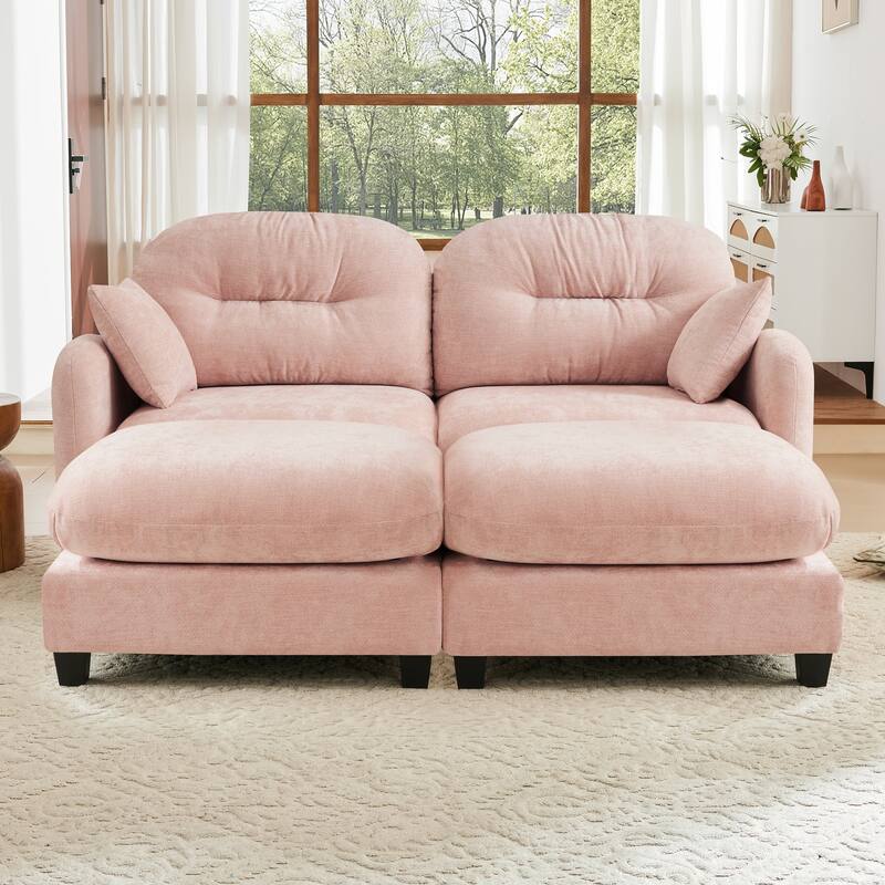 2 Seat Chenille Sofa Round Arms Sectional Sofa, Modern 74" Tufted Back Couch with Ottoman for Lving Room, Small Space