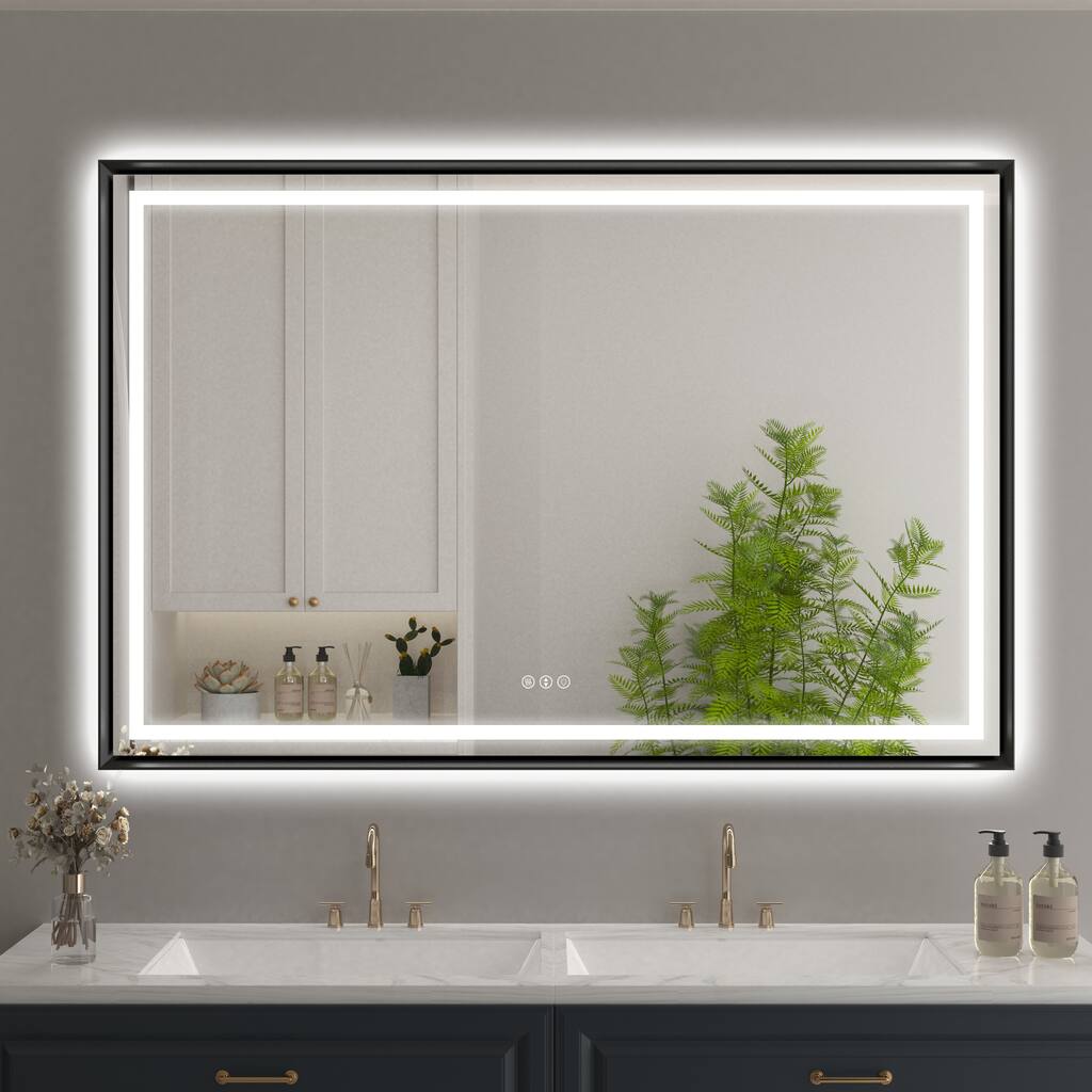 48 in. W x 32 in. H Aluminum Slope Framed Backlit Front Light Wall LED Bathroom Vanity Mirror in Matte Black