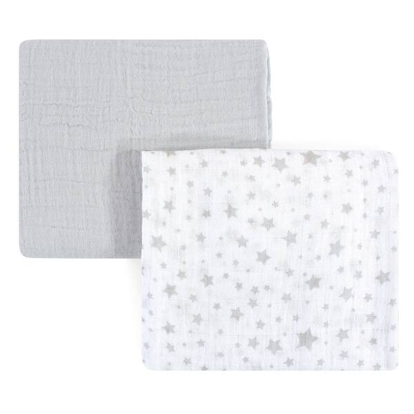 slide 1 of 1, Hudson Baby Infant Cotton Muslin Swaddle Blankets, Gray Stars, One Size - Gray Stars - 2-Pack 2-Pack - Gray Stars