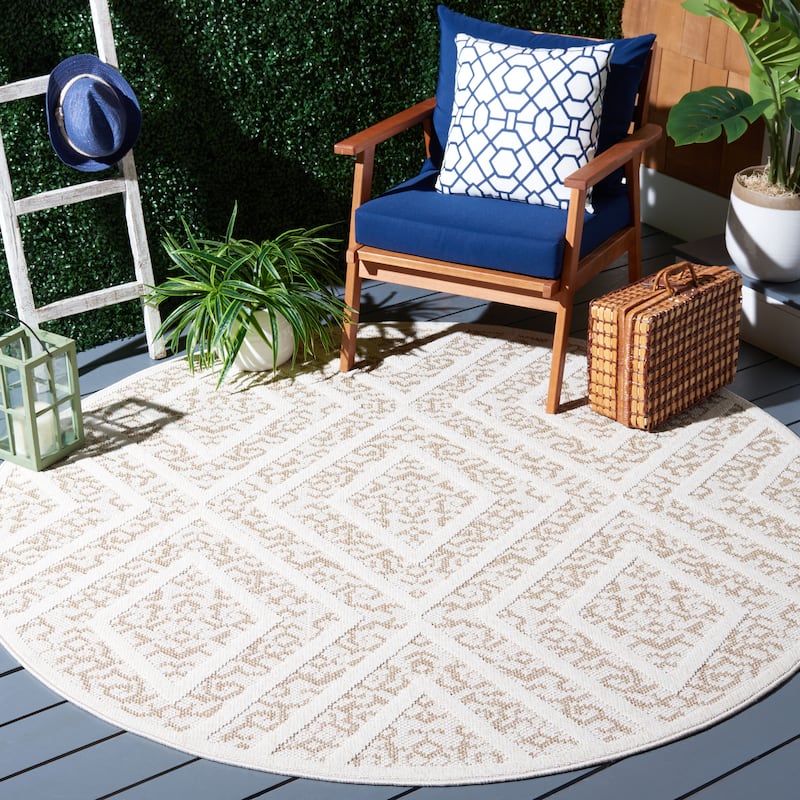 SAFAVIEH Global Klodeta Indoor/ Outdoor Trellis Rug - 6'7" Round - Light Beige/Brown