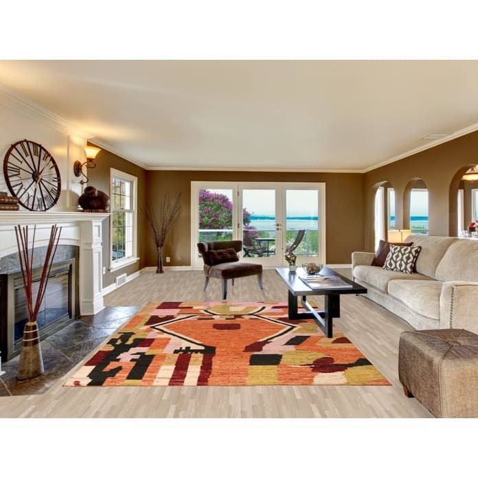 Geometric Moroccan Oriental Area Rug Orange Hand-Knotted Wool Carpet - 7'1" x 9'8"