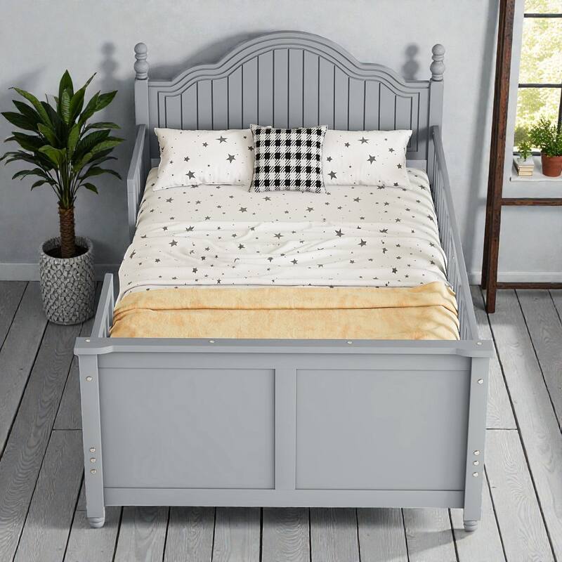 Kids Wooden Platform Bed with Safety Guardrails, Low Profile Bed with Headboard and Footboard