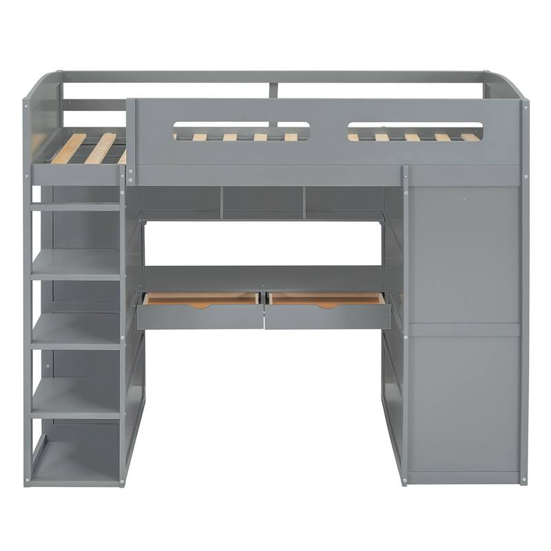 Twin/Full Size Loft Bed with Bulit-in Wardrobes, Desk and 4 Drawers, Solid Wood Loft Bedframe with 4-Tier Storage Shelves