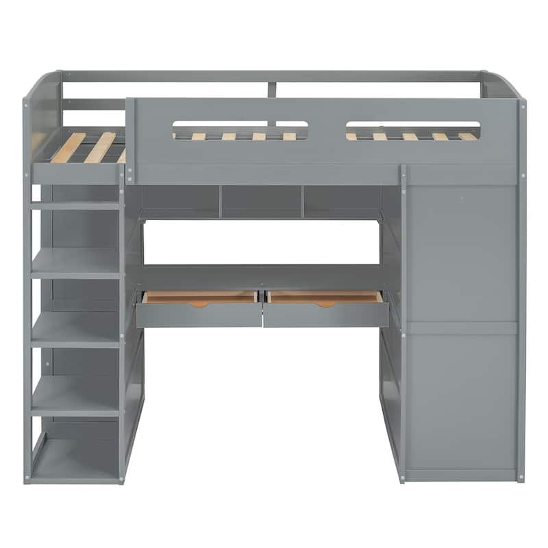 Twin Size Solid Wood Loft Bed with Desk, Wardrobes, and Shelves
