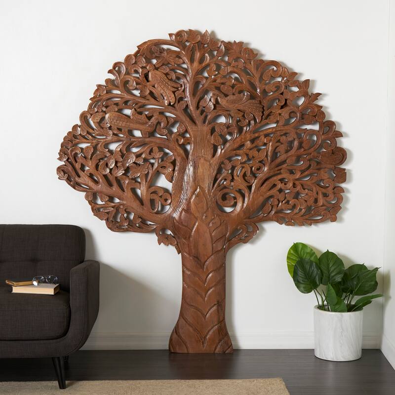 White or Brown Mango Wood Large Carved Tree Wall Decor with Scrollwork - Brown