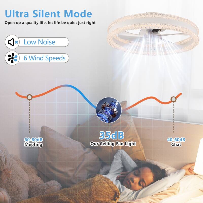 20" Luxury Double Ring LED Ceiling Fan with Light - Modern Flush Mount Design, Hidden Blades, Dimmable Lighting