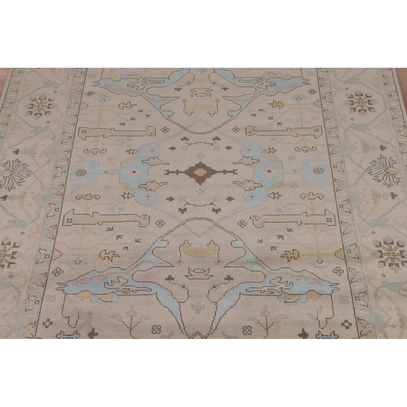 All-Over Beige Oushak Indian Area Rug Hand-Knotted Wool Carpet - 9'2" x 11'8"