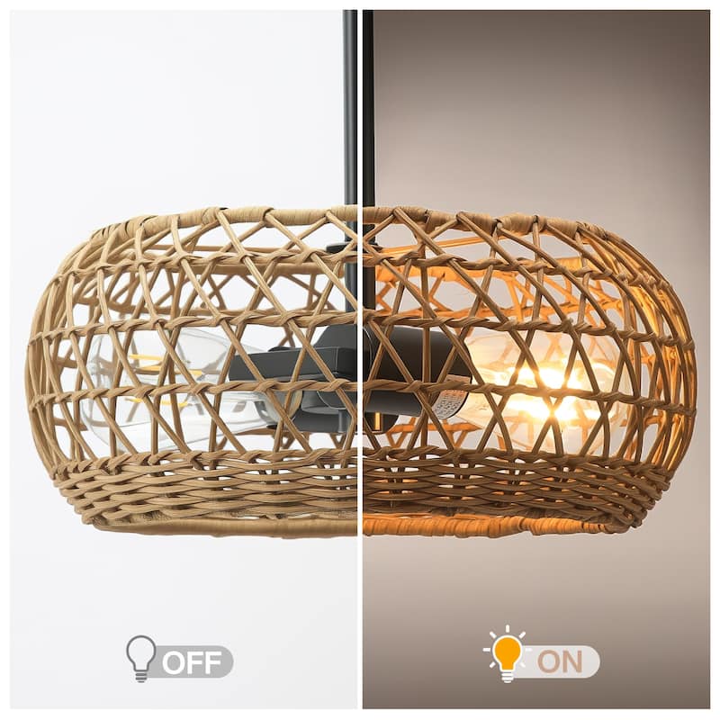 2-Light Boho Hand Woven Rattan Chandeliers Pendant Light