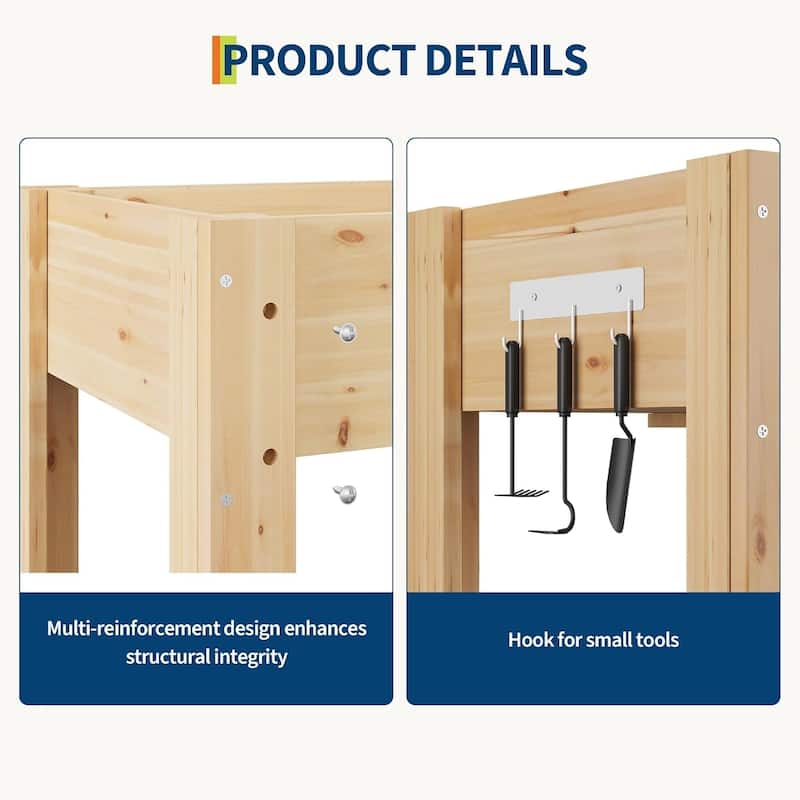 47x30x22 Inch Elevated Wooden Raised Garden Bed with Legs Outdoor Planter Box Stand with Hooks and Fabric Liner - W116xD57xH76cm