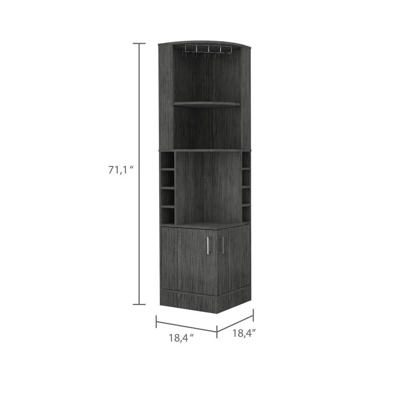 FM Furniture The Seattle Corner Bar Cabinet with 3 Open Shelves, Glass Rack, 8 Bottle Cubbies, and Double Doors