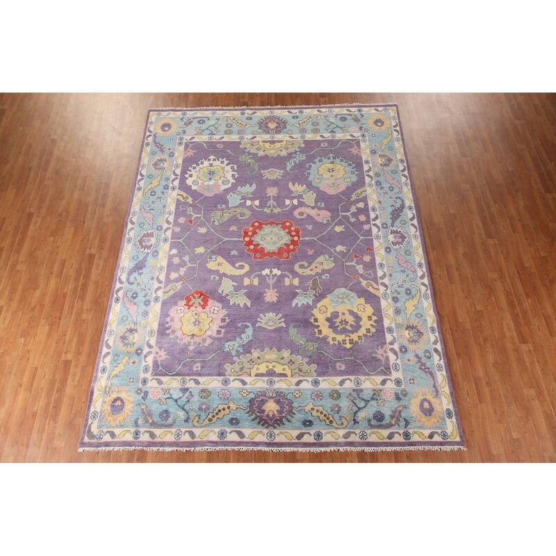Purple Floral Oushak Indian Area Rug Handmade Wool Carpet - 8'10"x 11'8"