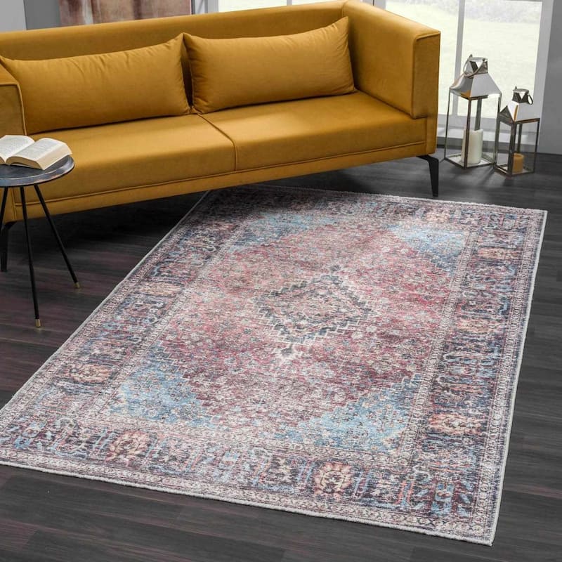 Hauteloom HOLI Living Room, Bedroom Machine Washable Area Rug - Light Blue, Green, Orange - 2' x 3' - 2' x 3'