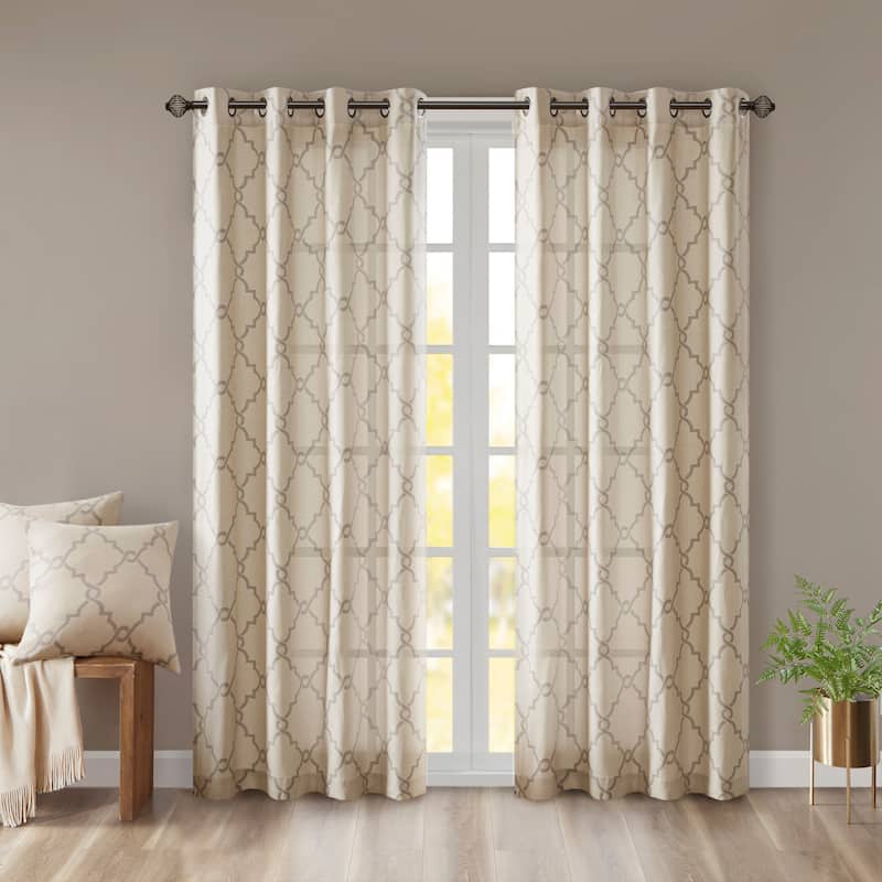 Madison Park Westmont Fretwork Print Grommet Top Window Single Curtain Panel - 50"W x 63"L - Beige/Grey