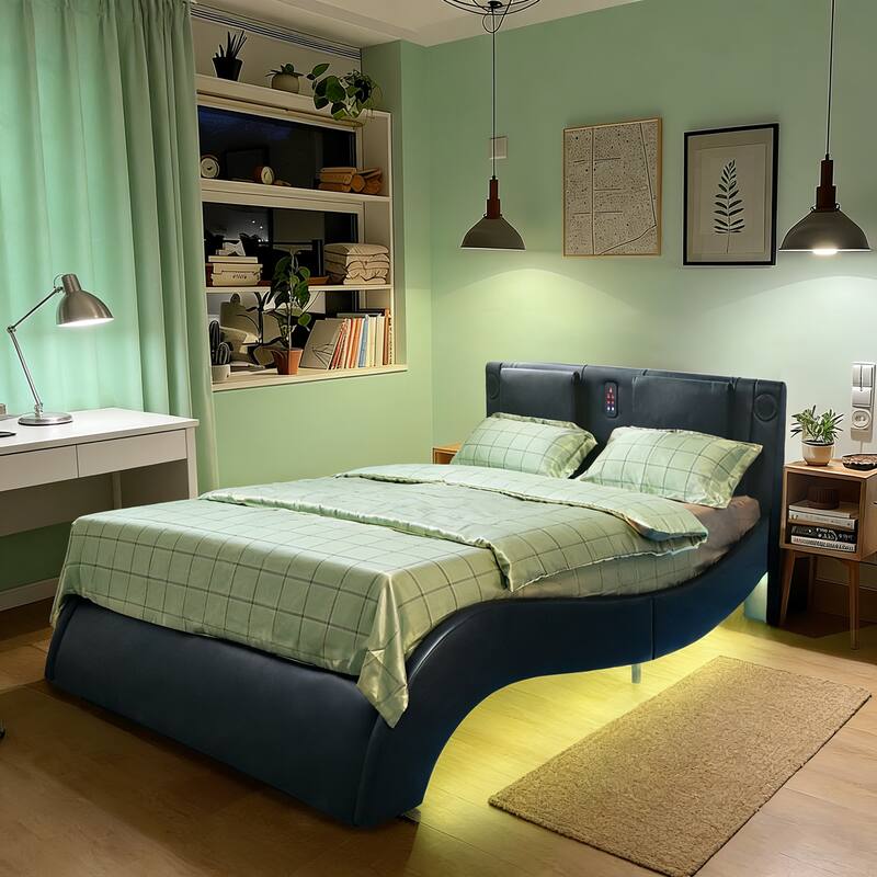 King/Queen Faux Leather Platform Bed with LED, Bluetooth Speakers & Backrest Massage