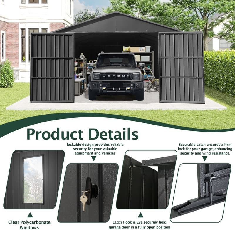 Domi 12x15FT Outdoor Metal Garage Shed,Extra Large Metal Carport with Lockable Double Doors,Heavy Duty Car Shelter,Dark Grey