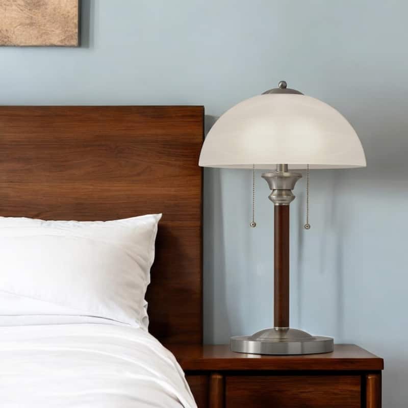 Brown Walnut Wood and Silver Metal Table Lamp with White Glass Dome Shade - 13.5” x 13.5” x 22.5” (D x W x H)