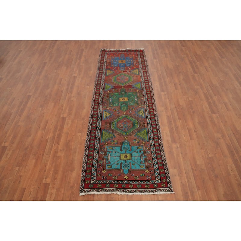 Hand Knotted Oriental 100% Wool Carpet Traditional Geometric Oranges & Rust Heriz Runner Rug - 9' 11'' X 3' 1''