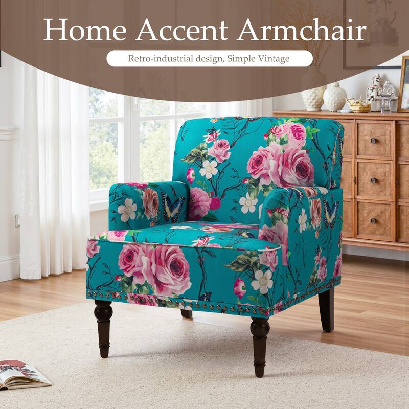 Striped Upholstered Linen Armchair with Brass Nailhead Trim