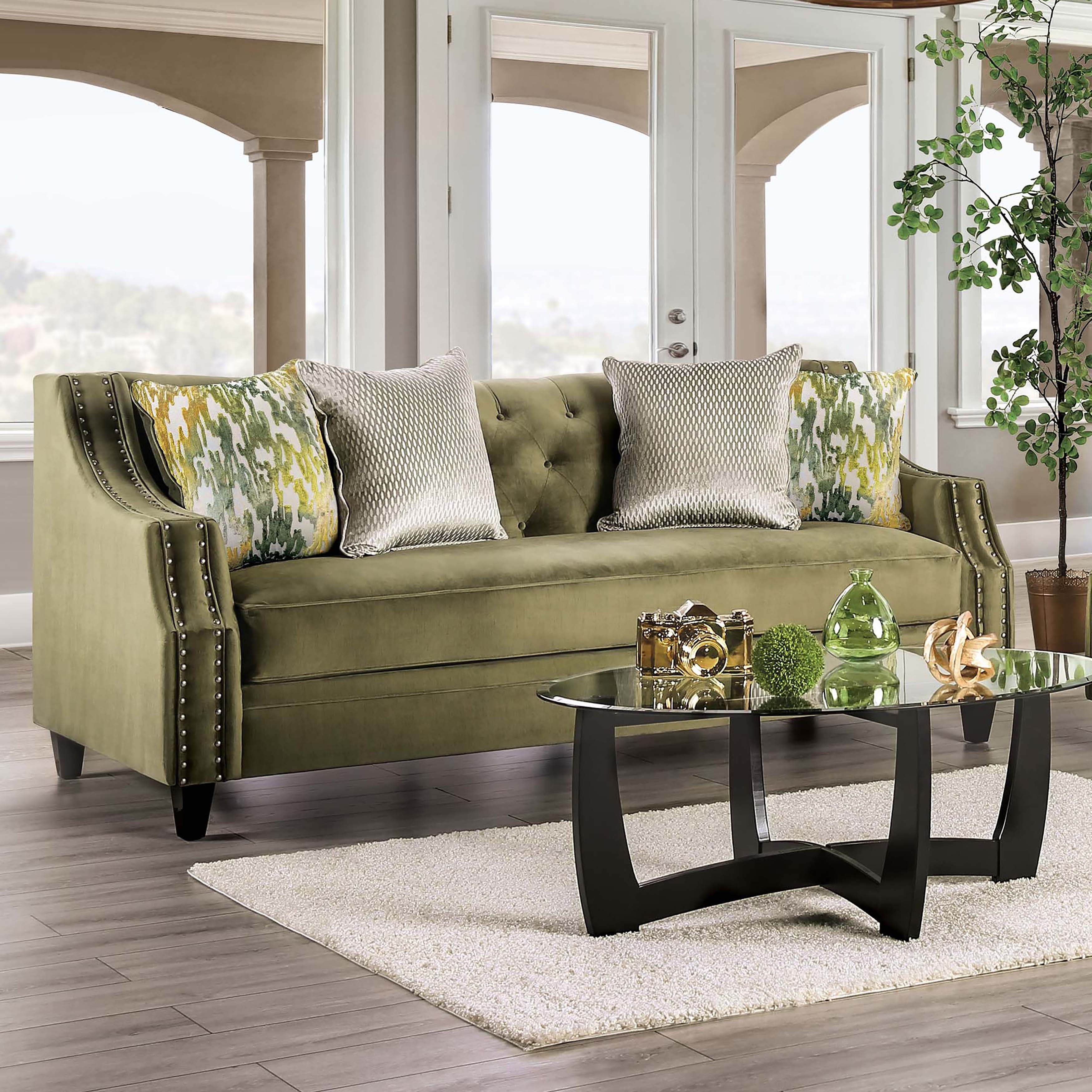 Olie Transitional Green Fabric Upholstered Tufted Back Sofa by Furniture of  America, image size:3500x3500