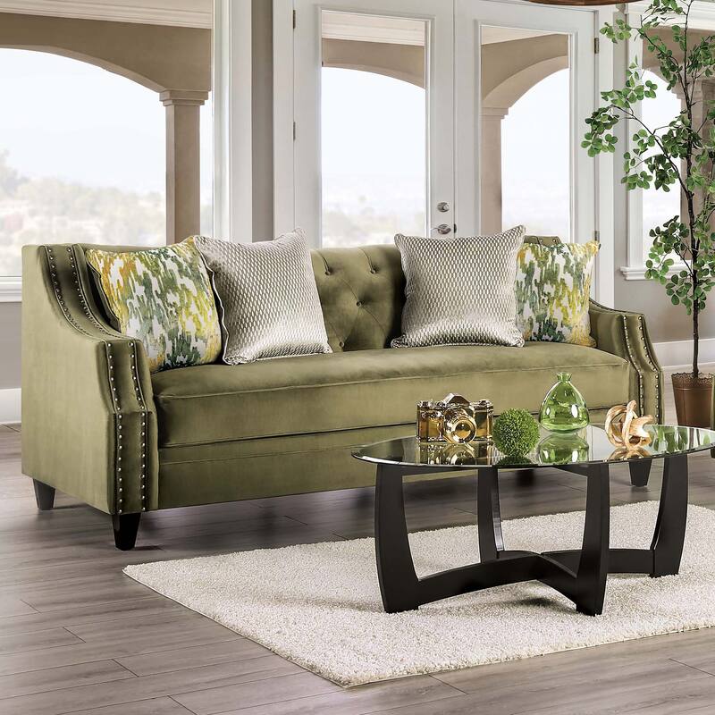 Olie Transitional Green Fabric Upholstered Tufted Back Sofa by Furniture of America - Green
