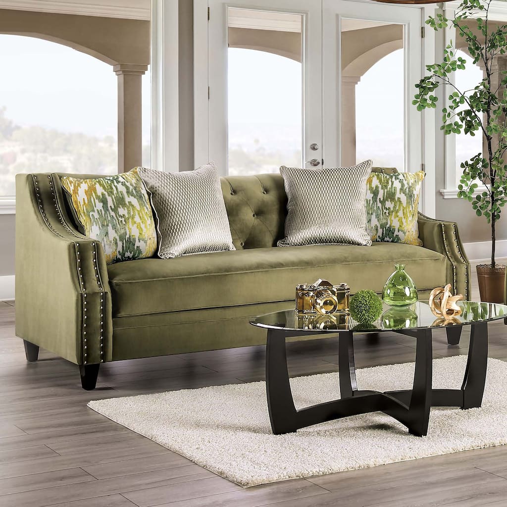 Olie Transitional Green Fabric Upholstered Tufted Back Sofa by Furniture of America