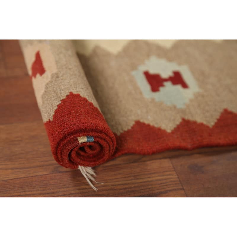 Hand-Woven Geometric Kilim Persian Accent Rug Handmade Wool Carpet - 3'2"x 4'11"