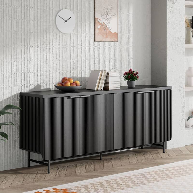 68" Mid-century TV Stand Entertainment Center with Adjustable Shelves 4 Doors & LED Light - 68" - Black