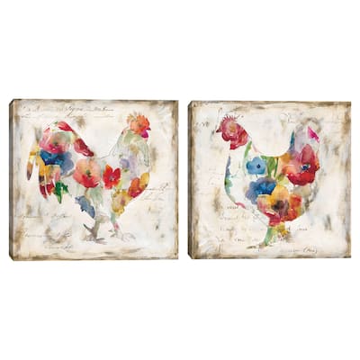 Flowered Hen & Rooster by Carol Robinson Canvas Art Prints