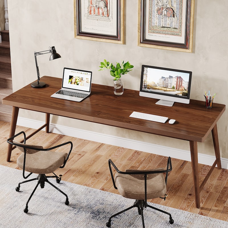 78.7” Extra Long 2-Person Wood Desk with Metal Legs - Brown