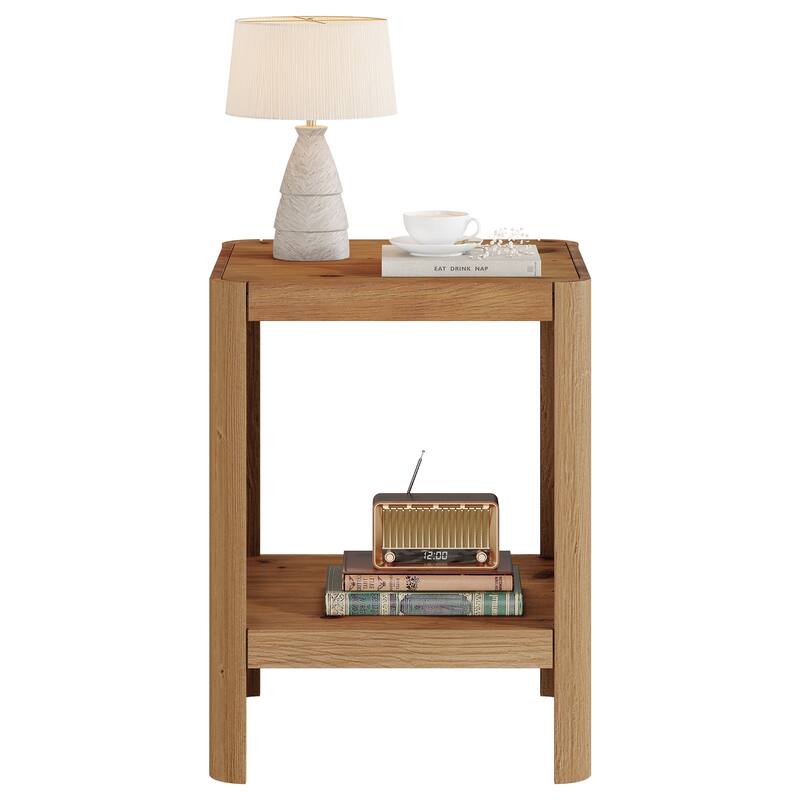 2-Tier Solid Wood End Table, Small Side Table with Open Storage Shelf