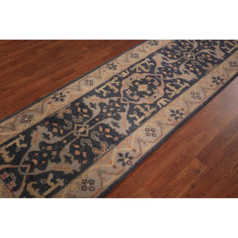 Blue Oushak Vegetable Dye Runner Rug Hand-Knotted Wool Carpet - 2'7" x 7'10"