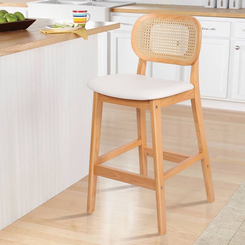 Wood Upholstered Counter Height Bar Stools with Rattan Back - 36.81"H x 17.72"W x 18.7"D