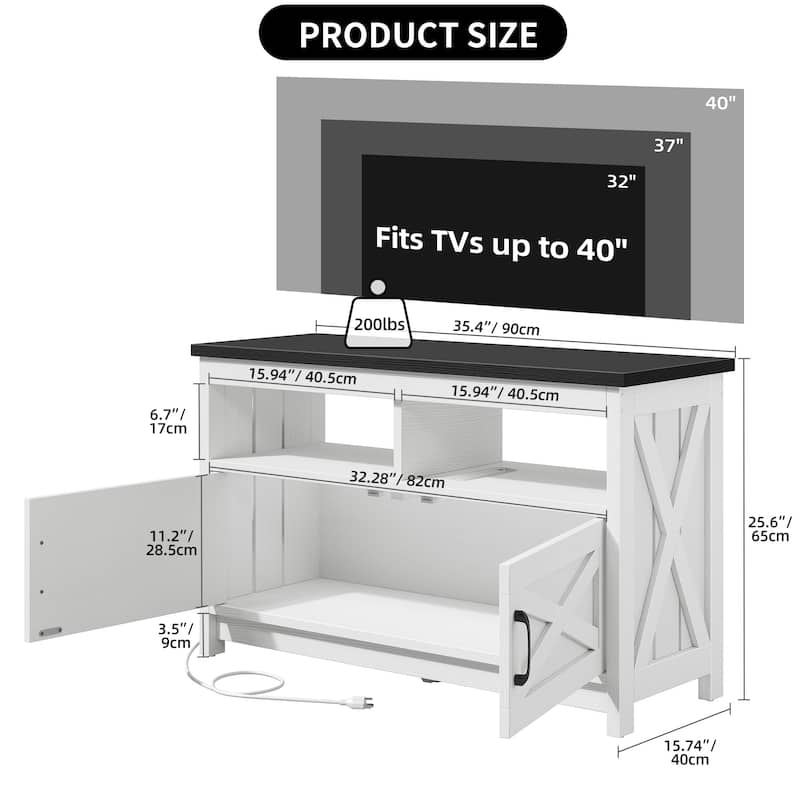 Farmhouse TV Stand for up to 65" TV with Doors and Open Shelves Media Console Power Outlet