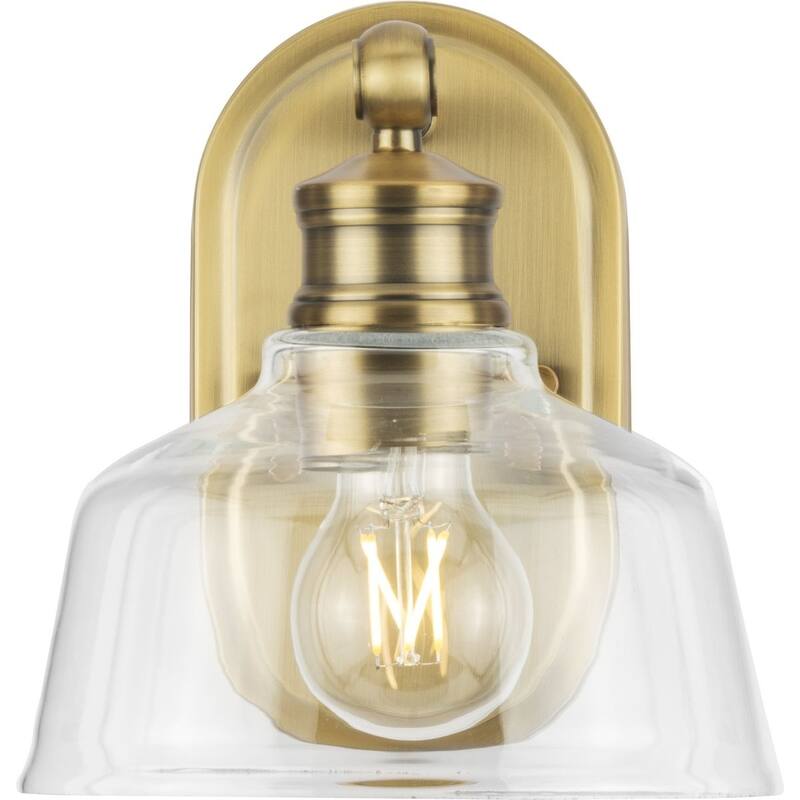 Singleton Collection 1-Light 7.62 in. Vintage Brass Vanity Light with Clear Glass Shade - Small