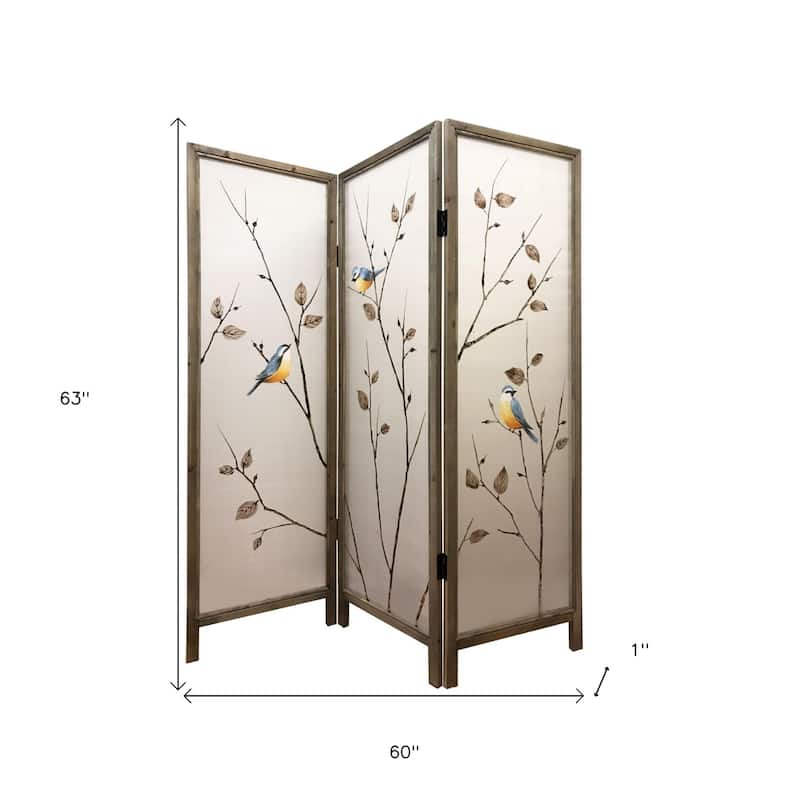 HomeRoots 63" Brown Fabric and Wood Folding Three Panel Screen Room Divider - 60' X '63' X '1