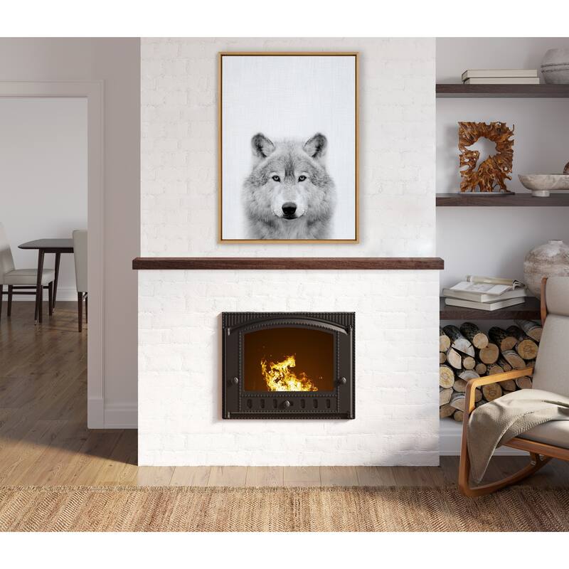 Kate and Laurel Sylvie Wolf Black and White Portrait Framed Canvas Wall Art by Simon Te Tai, 18x24 Gray
