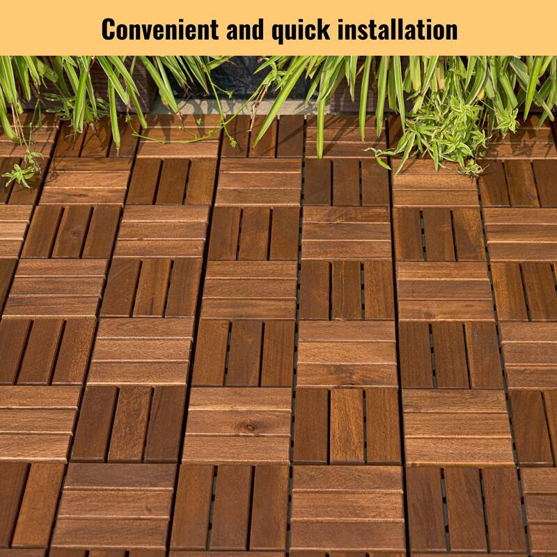 10 PCS Interlocking Deck Tiles Checker Pattern, 12" x 12" Square Acacia Hardwood Outdoor Flooring for Patio,Bancony,Pool Side