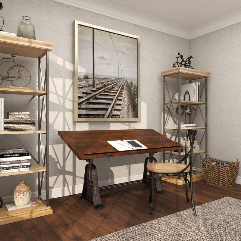 Teak Wood Drafting Style Desk with Tilting Top and Crank Height Adjustment - Brown - Roche River Decor