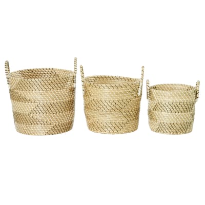 Seagrass Handmade Two Toned Storage Basket with Handles - Set of 3 Beige - Roche River Decor - 14"W x 20"L x 19"H