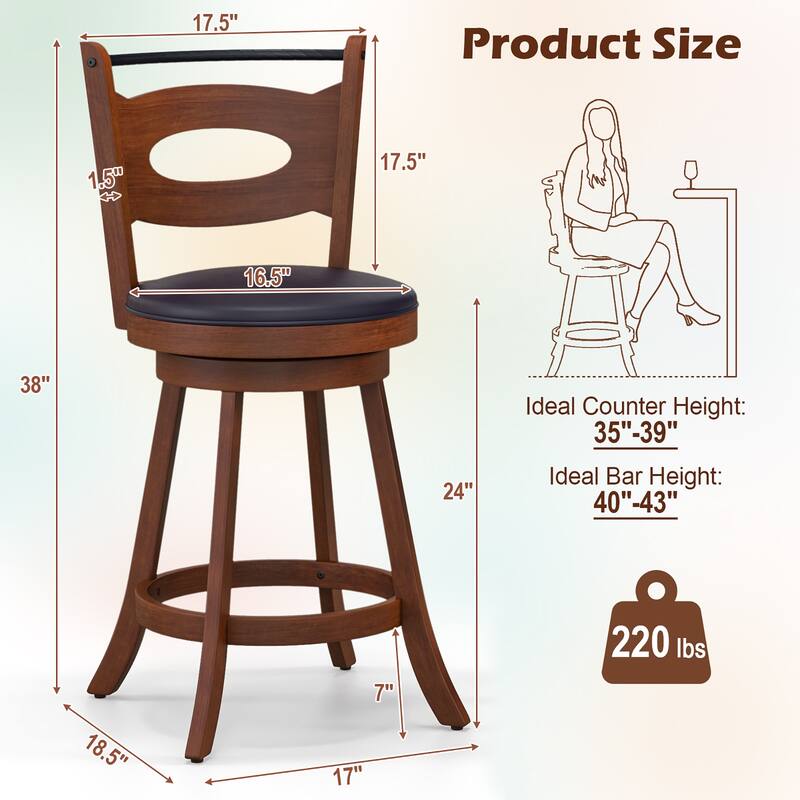 Costway Set of 2 Bar Stools Swivel Dining Chairs Solid Rubber Wood
